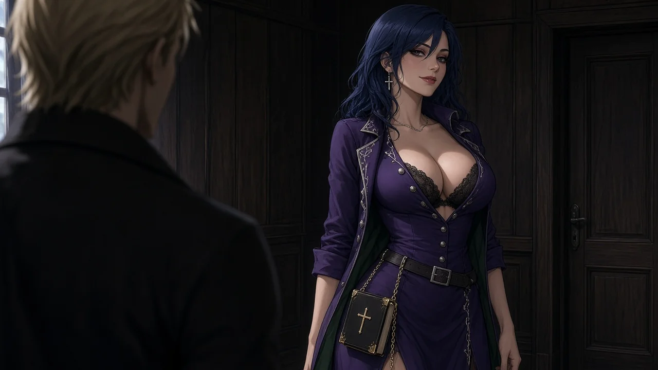 Later. The same room and the same door. Aimee in an open purple coat, meeting his eyes.