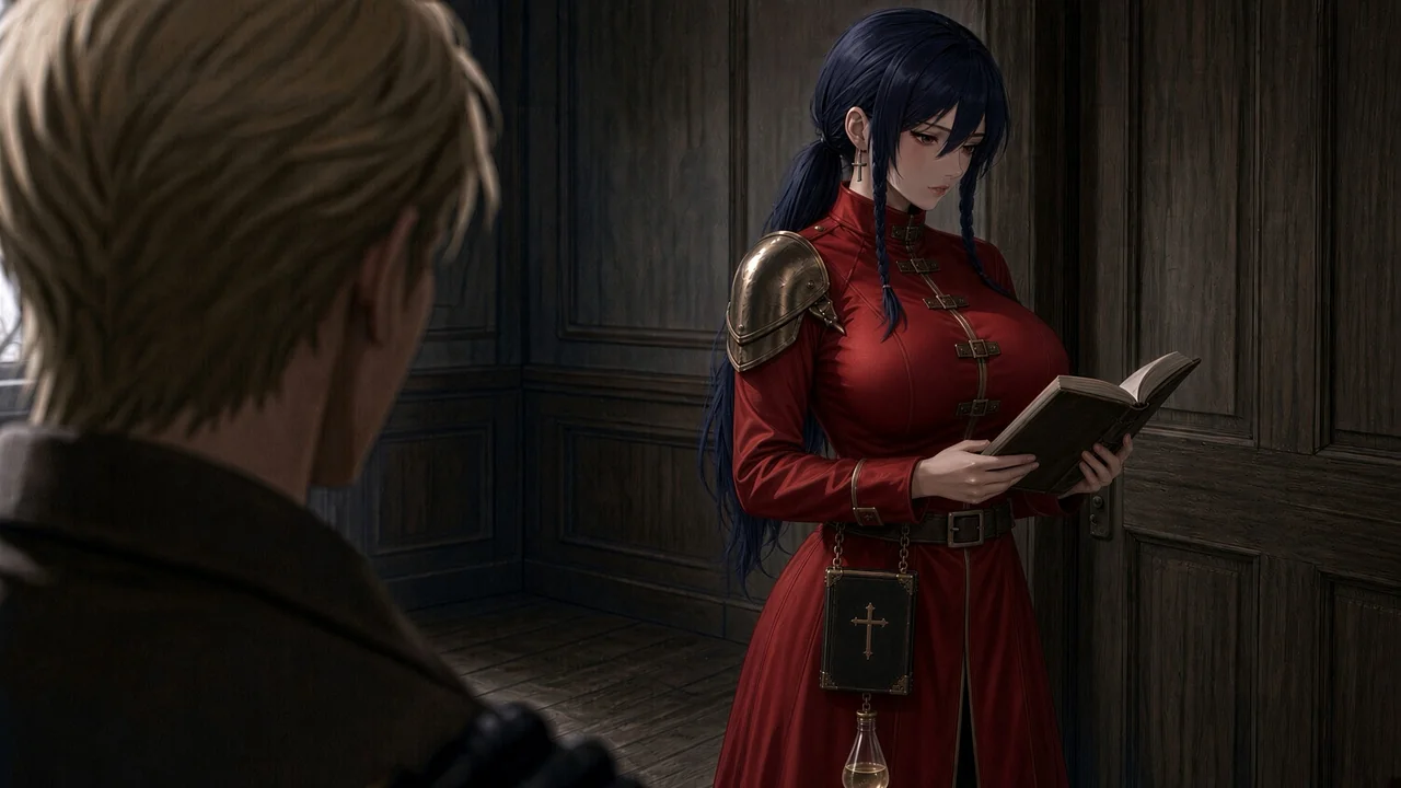 Day one. Aimee in her red coat, buttoned to the throat, reading by the door while Kaelan watches.